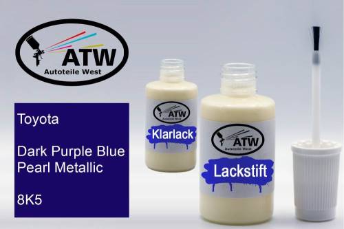 Toyota, Dark Purple Blue Pearl Metallic, 8K5: 20ml Lackstift + 20ml Klarlack - Set, von ATW Autoteile West.